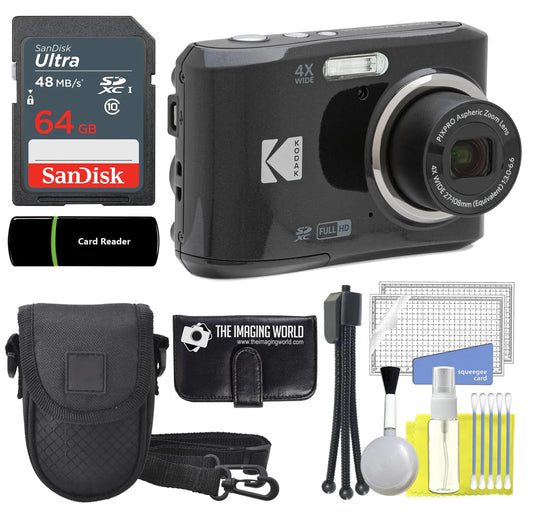 KODAK PIXPRO FZ45 16MP Digital Camera 27mm Optical Zoom Wide Angle 1080P 2.7" Full HD LCD Camera (Black) + 64GB Card & Reader + Case + Memory Wallet +